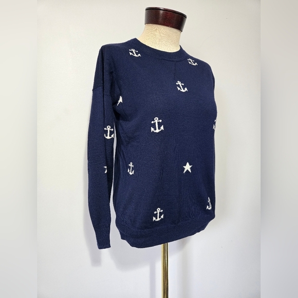 J. Crew 100% Merino Wool Nautical Navy Sweater with Anchor And Star Design. XXS - Picture 2 of 10